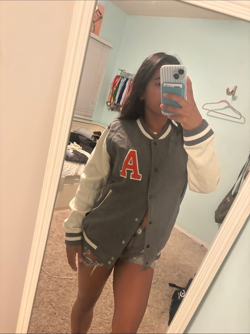 Topshop Gray and Cream Varsity Jacket with Orange 'A' Patch
